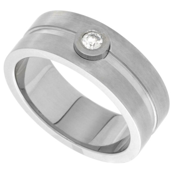 Other - Stainless Steel 8mm CZ Wedding Band Ring Bezel Set Stone Grooved Center Matte